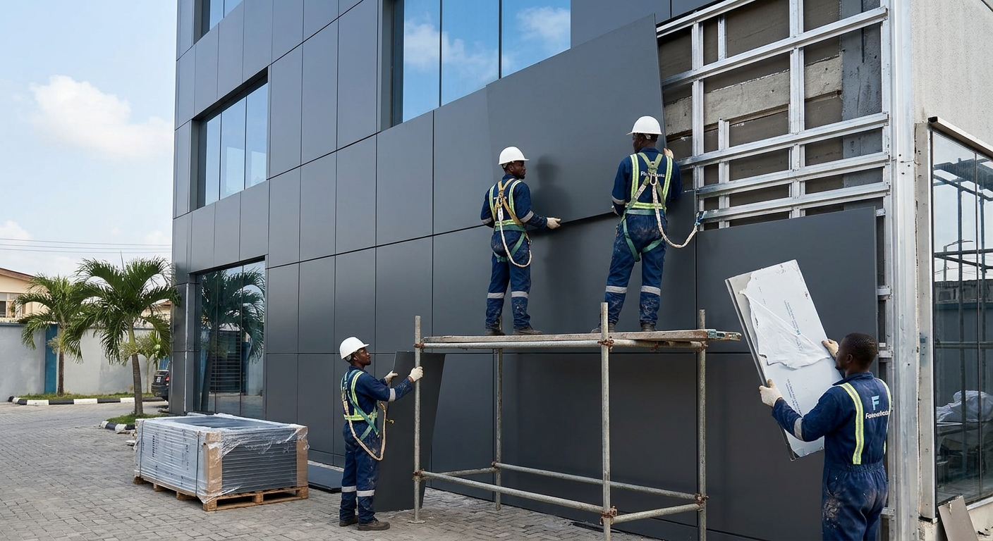 Installers fixing grey aluminium composite panels to a building
