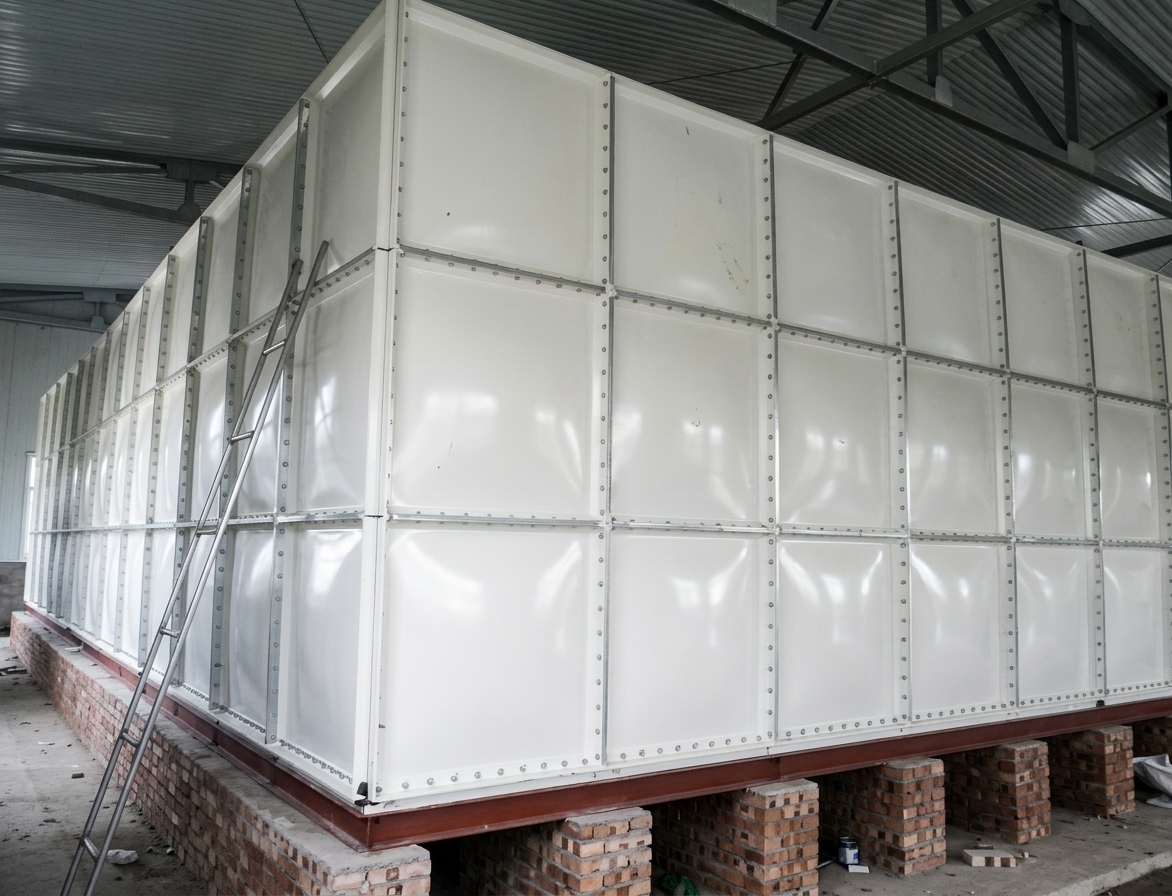 A sectional water tank of bolted white panels, standing on a steel frame over brick piers