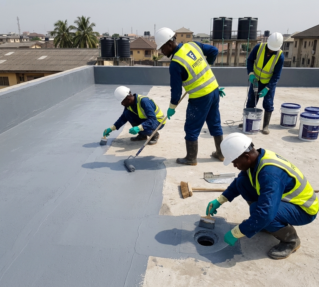 A crew applying a waterproof coating to a roof